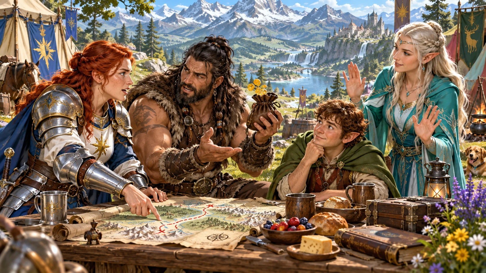 An illustrated fantasy party debates a map and a pouch of coins at a mountain camp while companions respond.