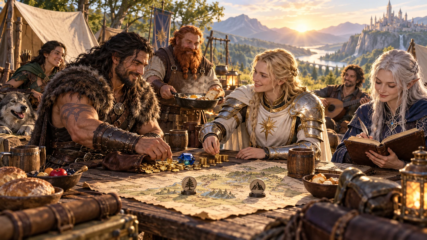 Illustrated fantasy companions share food and consider a map and coins at camp, suggesting compromise and open choices.