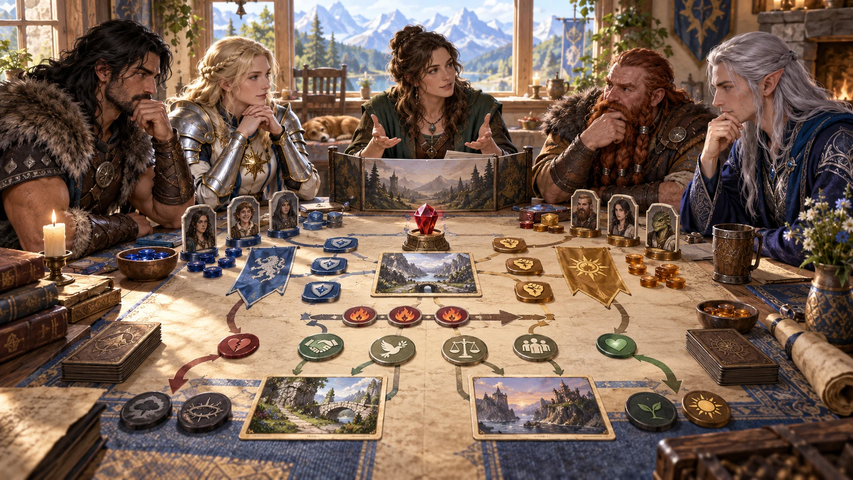 A fantasy game group considers opposing positions, stages of escalation and several routes forward around a tabletop.